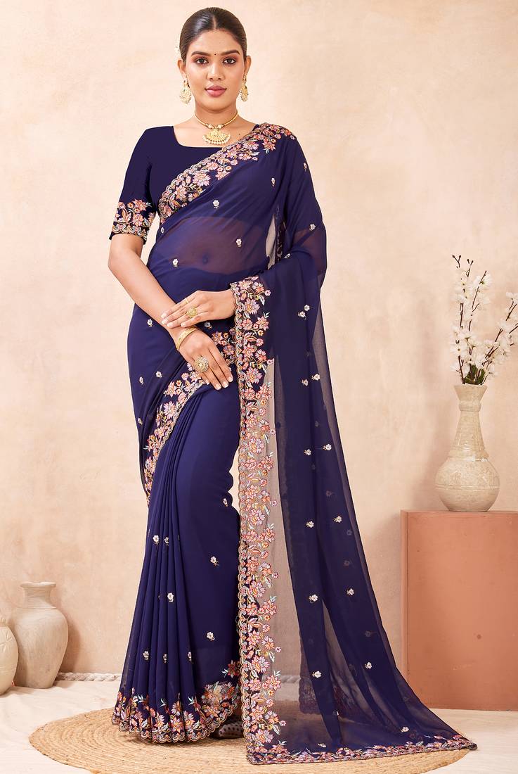 Navy blue kashmiri resham embroidered work georgette saree sari