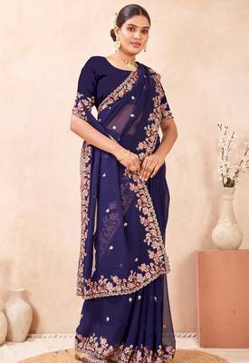 Navy blue kashmiri resham embroidered work georgette saree sari 2