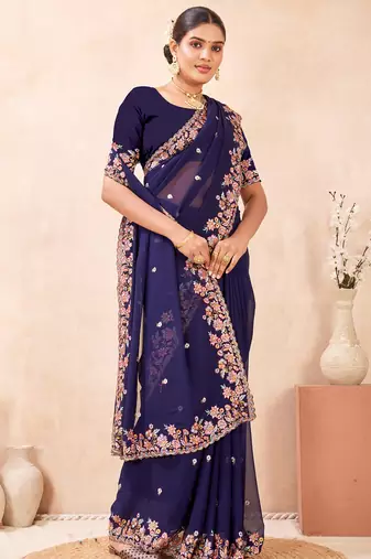 Navy blue kashmiri resham embroidered work georgette saree sari