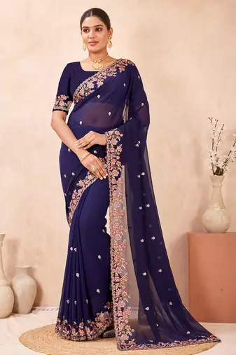 Navy blue kashmiri resham embroidered work georgette saree sari
