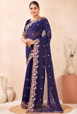 Navy blue kashmiri resham embroidered work georgette saree sari 4