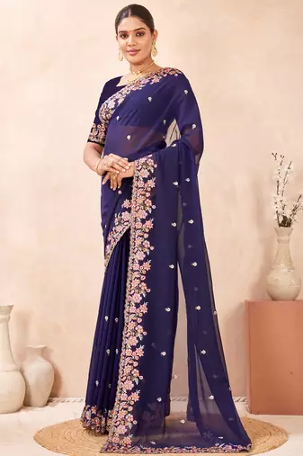 Navy blue kashmiri resham embroidered work georgette saree sari