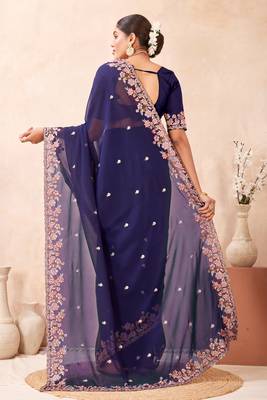 Navy blue kashmiri resham embroidered work georgette saree sari 5