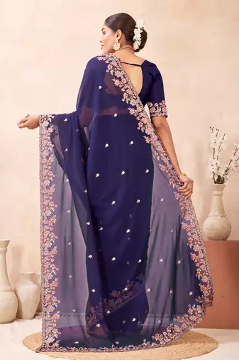 Navy blue kashmiri resham embroidered work georgette saree sari