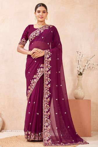 Wine kashmiri resham embroidered work georgette saree sari