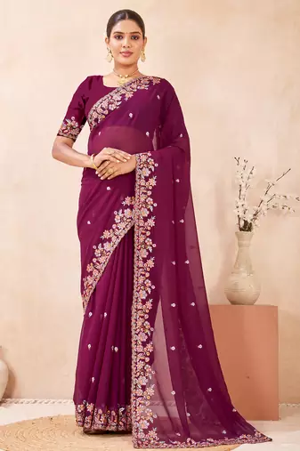 Wine kashmiri resham embroidered work georgette saree sari