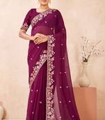 Wine kashmiri resham embroidered work georgette saree sari