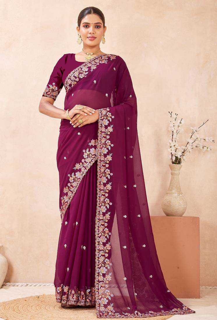 Wine kashmiri resham embroidered work georgette saree sari