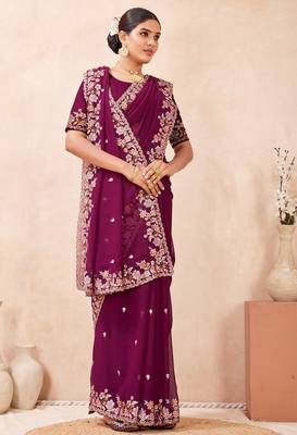 Wine kashmiri resham embroidered work georgette saree sari 2