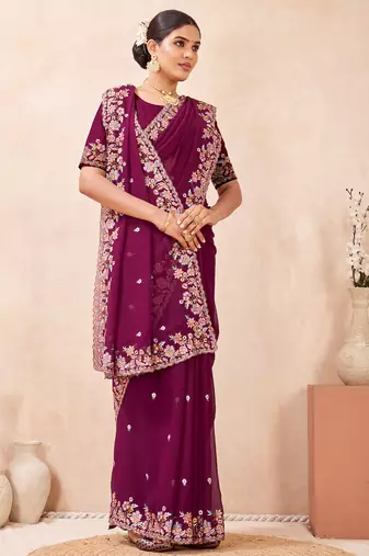 Wine kashmiri resham embroidered work georgette saree sari