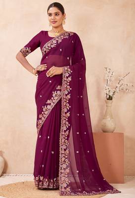 Wine kashmiri resham embroidered work georgette saree sari 3