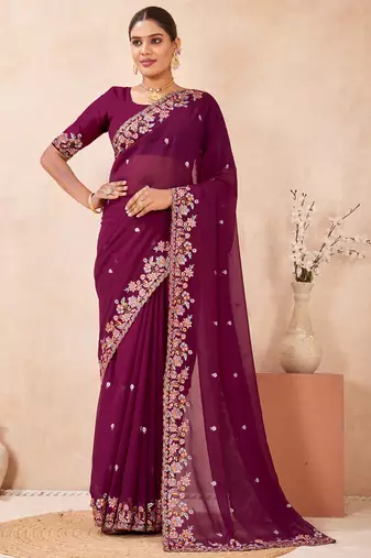 Wine kashmiri resham embroidered work georgette saree sari