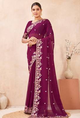Wine kashmiri resham embroidered work georgette saree sari 4