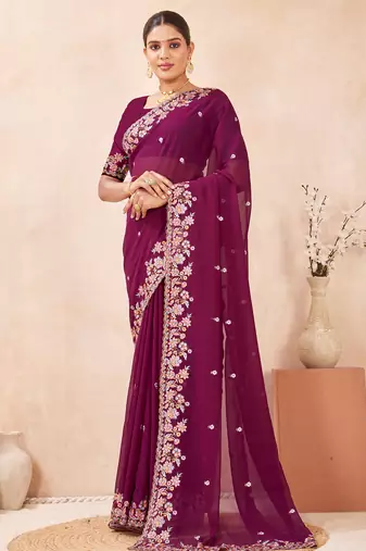 Wine kashmiri resham embroidered work georgette saree sari