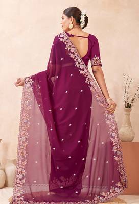 Wine kashmiri resham embroidered work georgette saree sari 5