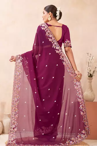 Wine kashmiri resham embroidered work georgette saree sari