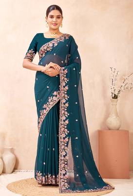 Teal blue kashmiri resham embroidered work georgette saree sari 1