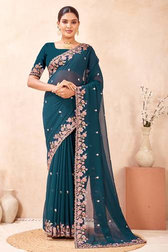 Teal blue kashmiri resham embroidered work georgette saree sari