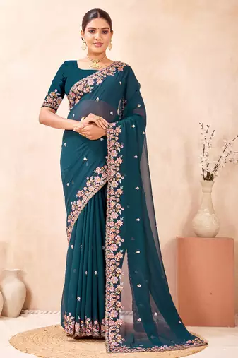 Teal blue kashmiri resham embroidered work georgette saree sari