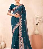 Teal blue kashmiri resham embroidered work georgette saree sari