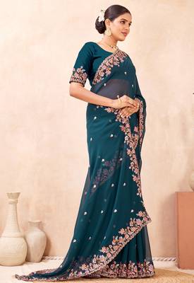 Teal blue kashmiri resham embroidered work georgette saree sari 2