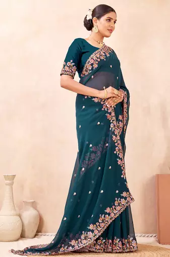 Teal blue kashmiri resham embroidered work georgette saree sari