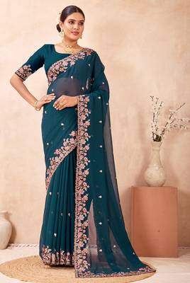 Teal blue kashmiri resham embroidered work georgette saree sari 3