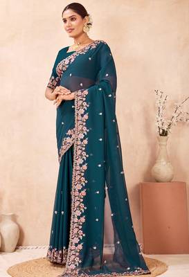 Teal blue kashmiri resham embroidered work georgette saree sari 4