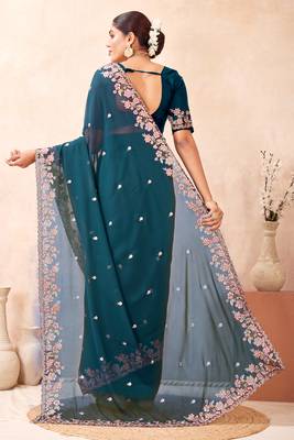 Teal blue kashmiri resham embroidered work georgette saree sari 5