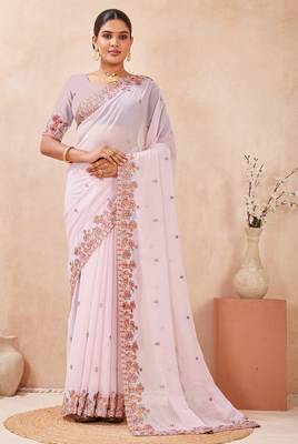 Pink kashmiri resham embroidered work georgette saree sari 1