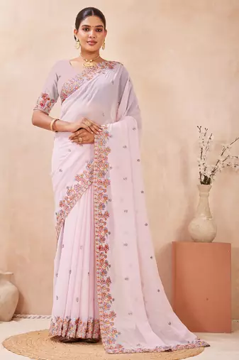 Pink kashmiri resham embroidered work georgette saree sari