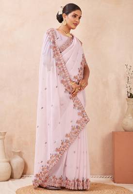 Pink kashmiri resham embroidered work georgette saree sari 2