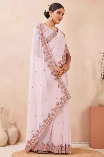 Pink kashmiri resham embroidered work georgette saree sari