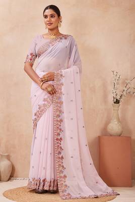 Pink kashmiri resham embroidered work georgette saree sari 3