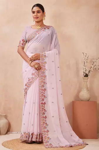 Pink kashmiri resham embroidered work georgette saree sari