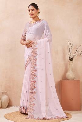 Pink kashmiri resham embroidered work georgette saree sari 4