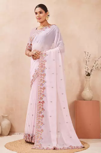 Pink kashmiri resham embroidered work georgette saree sari