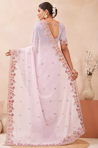 Pink kashmiri resham embroidered work georgette saree sari