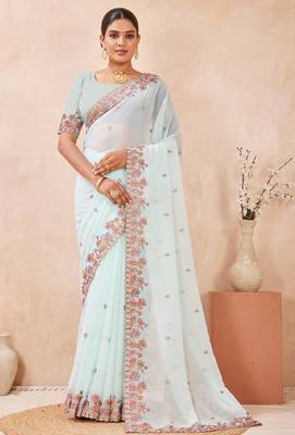Sea green kashmiri resham embroidered work georgette saree sari 1