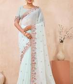 Sea green kashmiri resham embroidered work georgette saree sari