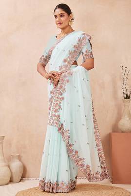 Sea green kashmiri resham embroidered work georgette saree sari 2