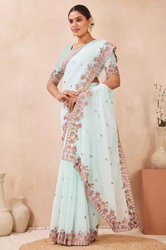 Sea green kashmiri resham embroidered work georgette saree sari