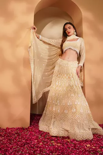 beige georgette sequin lehenga set with choli and dupatta