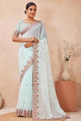 Sea green kashmiri resham embroidered work georgette saree sari 3