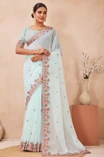 Sea green kashmiri resham embroidered work georgette saree sari