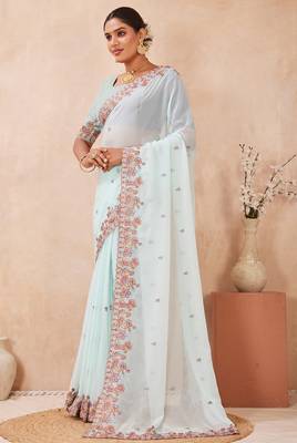 Sea green kashmiri resham embroidered work georgette saree sari 4