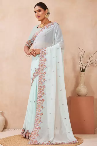 Sea green kashmiri resham embroidered work georgette saree sari