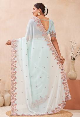 Sea green kashmiri resham embroidered work georgette saree sari 5