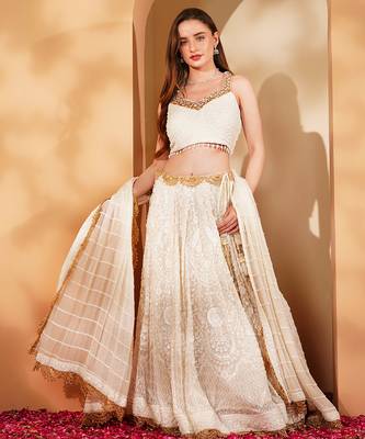 white georgette sequin lehenga set with choli and dupatta 5