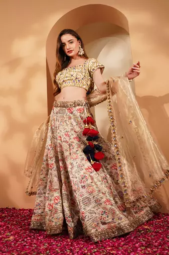 light beige gicha silk printed lehenga set with hand embroidered blouse and dupatta
